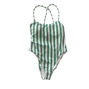 Victoria’s Secret Green White Striped Lace Up Back One Piece Swimsuit Size Large